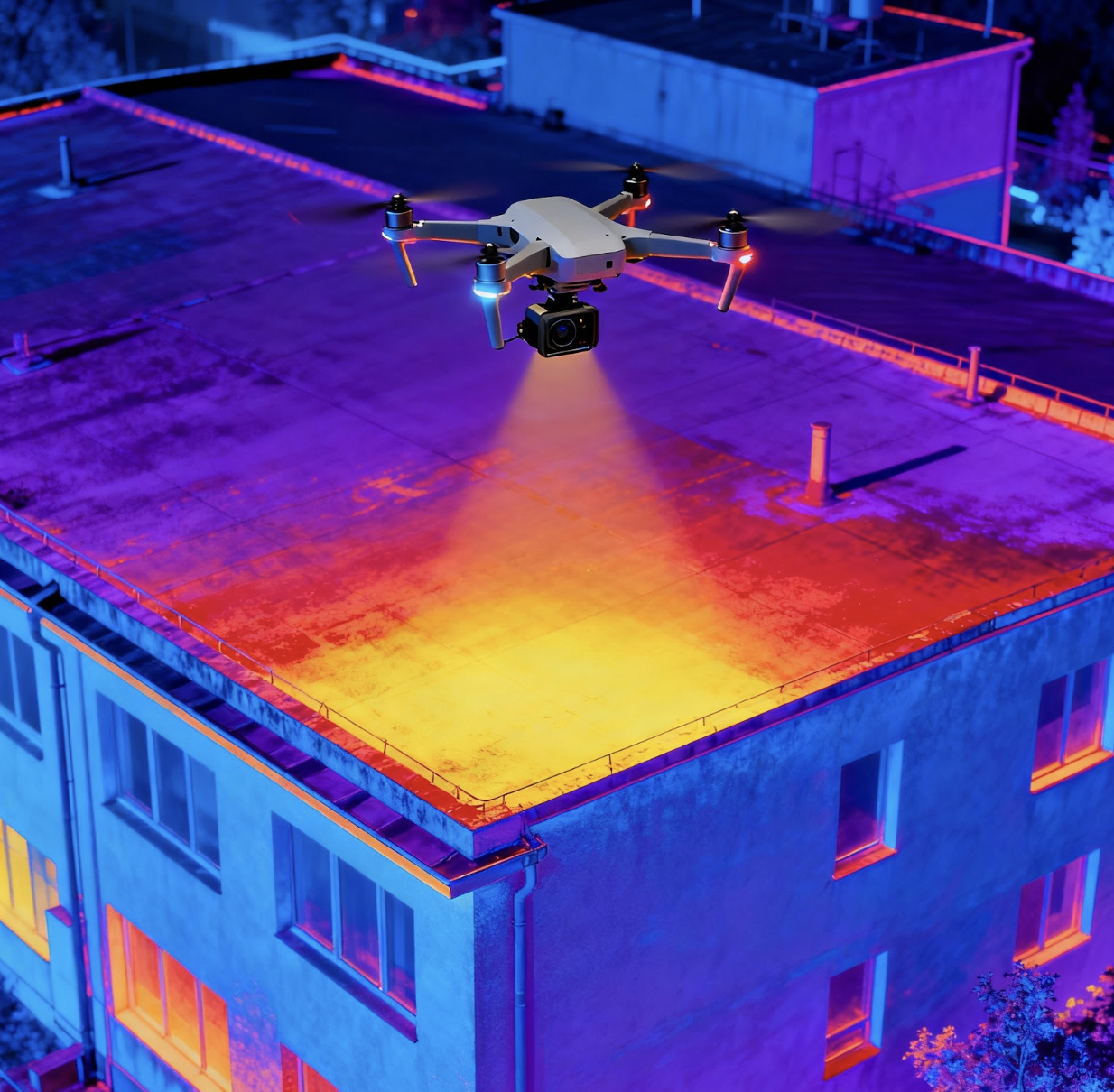 Thermal Imaging Analysis: Identifies moisture intrusion, insulation gaps, and hidden structural issues. Energy Efficiency Audits: Detects heat loss areas to improve insulation, reduce power consumption, and lower energy bills. Roof Diagnostics: Spots surface damage, cracks, and hidden leaks using heat signatures, ensuring early maintenance. Comprehensive Documentation: Creates a visual thermal map of entire structures, allowing facility managers to prioritize repairs and energy improvements.