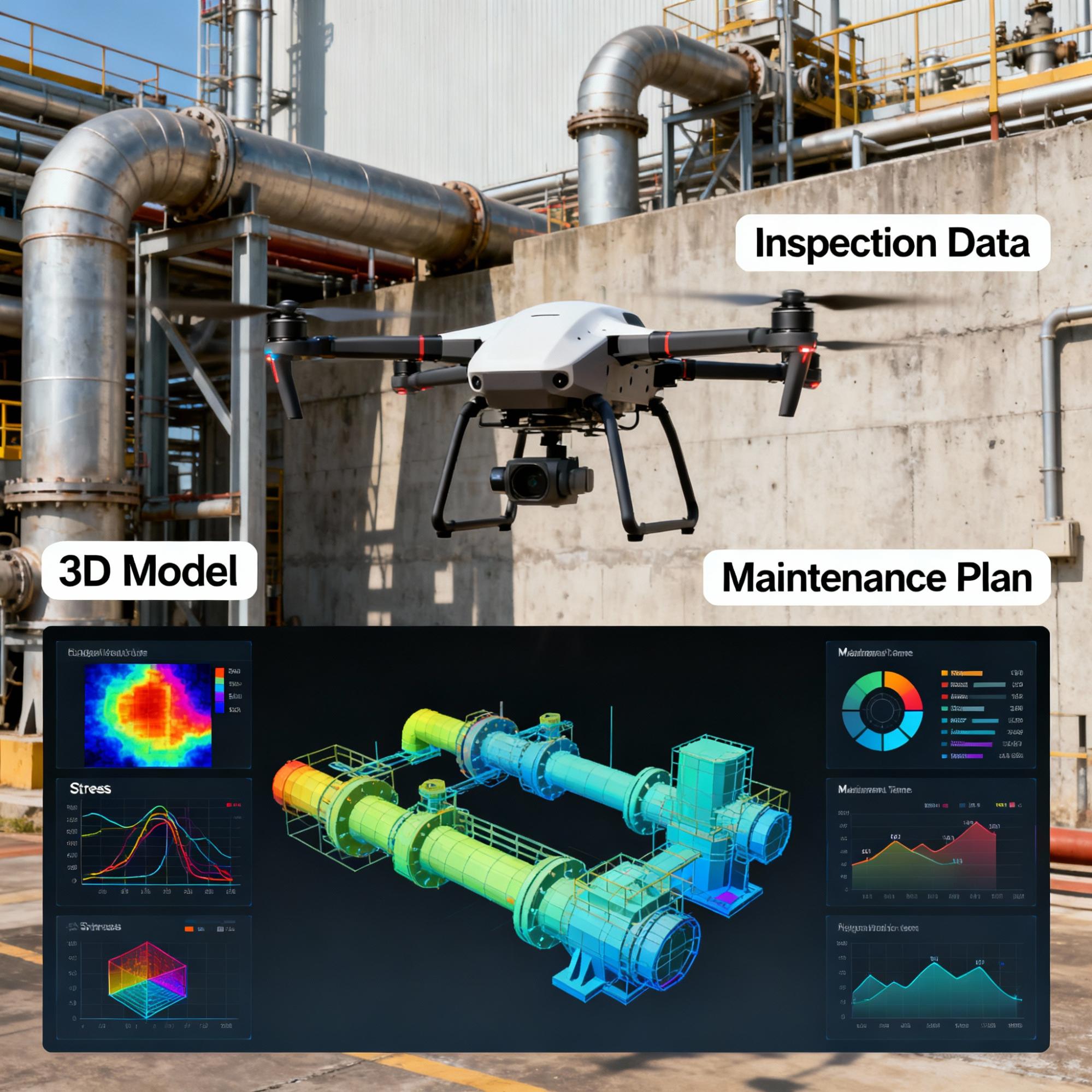 Utilizes drones to create highly detailed 3D models of industrial assets and infrastructure. Enables remote inspection of equipment and utilities with improved safety. Offers cost-effective and time-efficient alternatives to traditional inspections. Supports regular monitoring (weekly/monthly) for asset longevity and performance. Allows early detection of issues for proactive maintenance and reduced downtime. Enhances asset management and overall operational efficiency