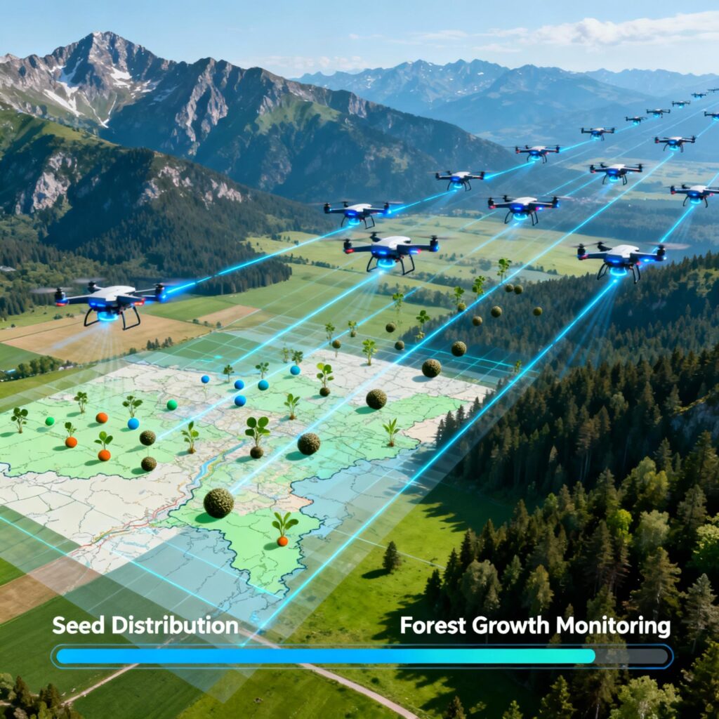 Geotagged drone swarms are transforming seed planting by enabling the rapid distribution of thousands of seed balls daily. This approach is the fastest method for sowing seeds, enhancing farming efficiency. The drones’ flight paths are geotagged, allowing for continuous monitoring of the sown areas and collection of tree data. This information helps identify areas in need of intervention and ensures optimal resource management. Additionally, drones play a crucial role in boosting tree coverage and expanding forests by dispersing seeds in hard-to-reach and varied landscapes. The use of these geotagged drone swarms strengthens reforestation initiatives, supports environmental sustainability, and aids ecosystem restoration.
