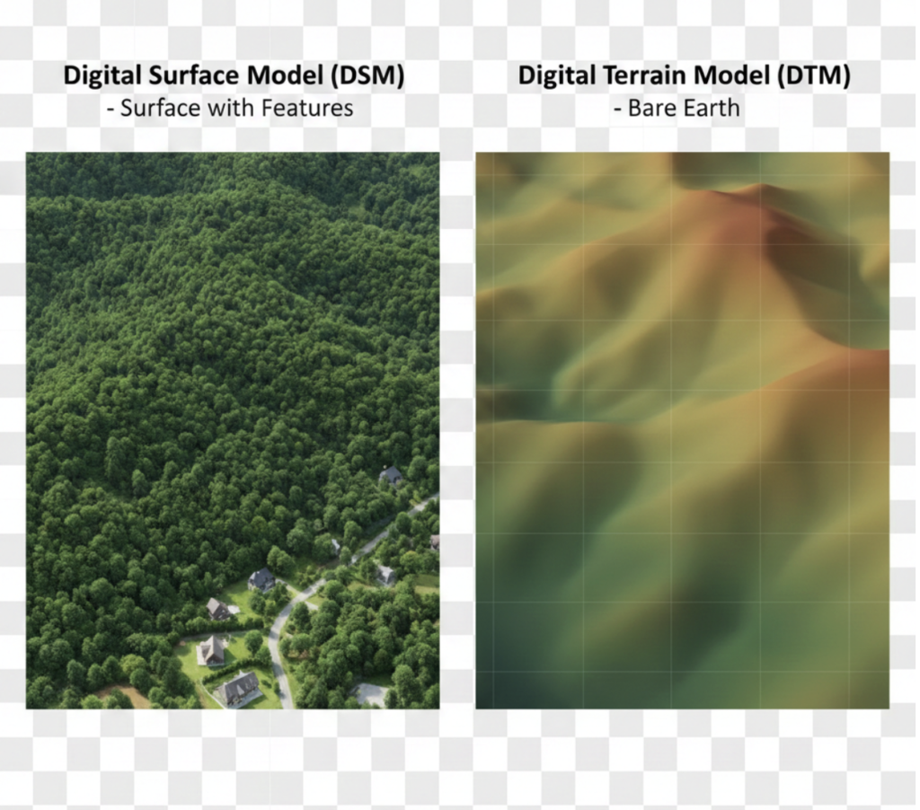 A Digital Terrain Model (DTM), also known as a topographic model, represents the natural, unobstructed surface of the Earth and can be manipulated using computer software. DTM data files contain elevation information of the terrain in a digital format, typically organized into a rectangular grid. By digitally removing vegetation, buildings, and other cultural features, the DTM focuses solely on the underlying terrain. This provides a clear representation of the Earth’s surface, allowing for precise analysis, measurements, and modeling. DTMs find applications in various fields, including cartography, geology, hydrology, urban planning, and environmental assessment, aiding in decision-making and understanding the bare Earth’s topography.